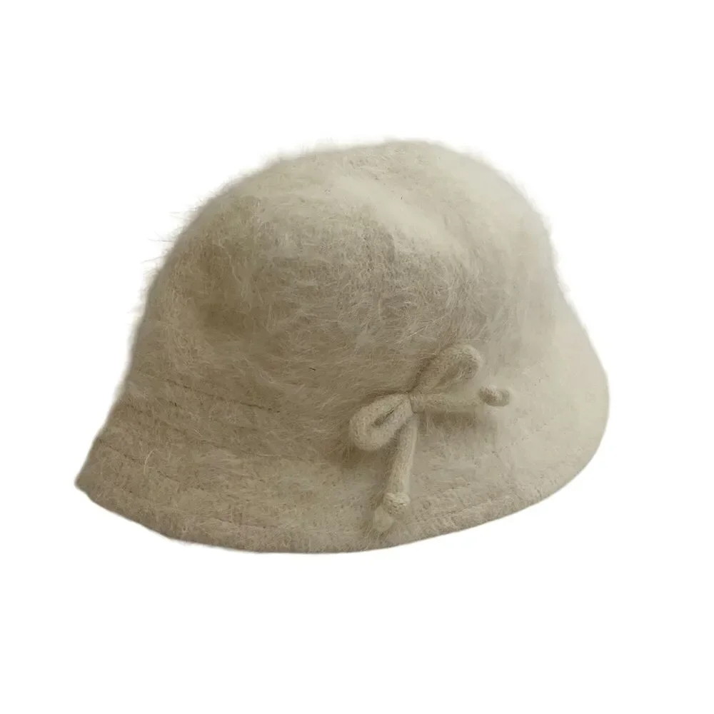#6827 Off White  Angora Wool synthetic blend Cap Hat with bow 8 inch circumferen